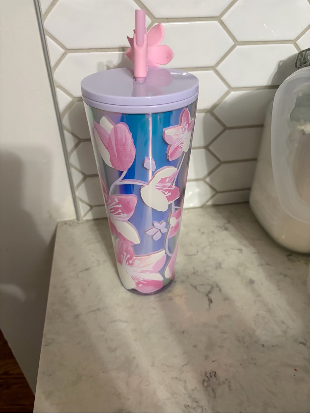 Starbucks Lavender Lid Pink Floral Iridescent Tumbler with Straw